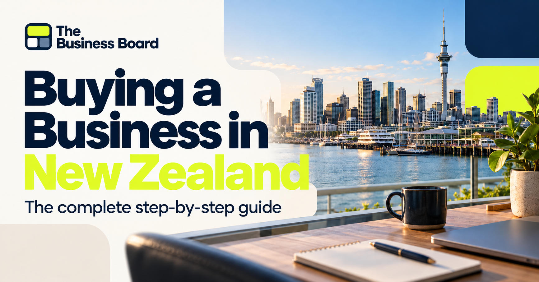 The Business Board buying a business in New Zealand guide with Auckland waterfront and Sky Tower