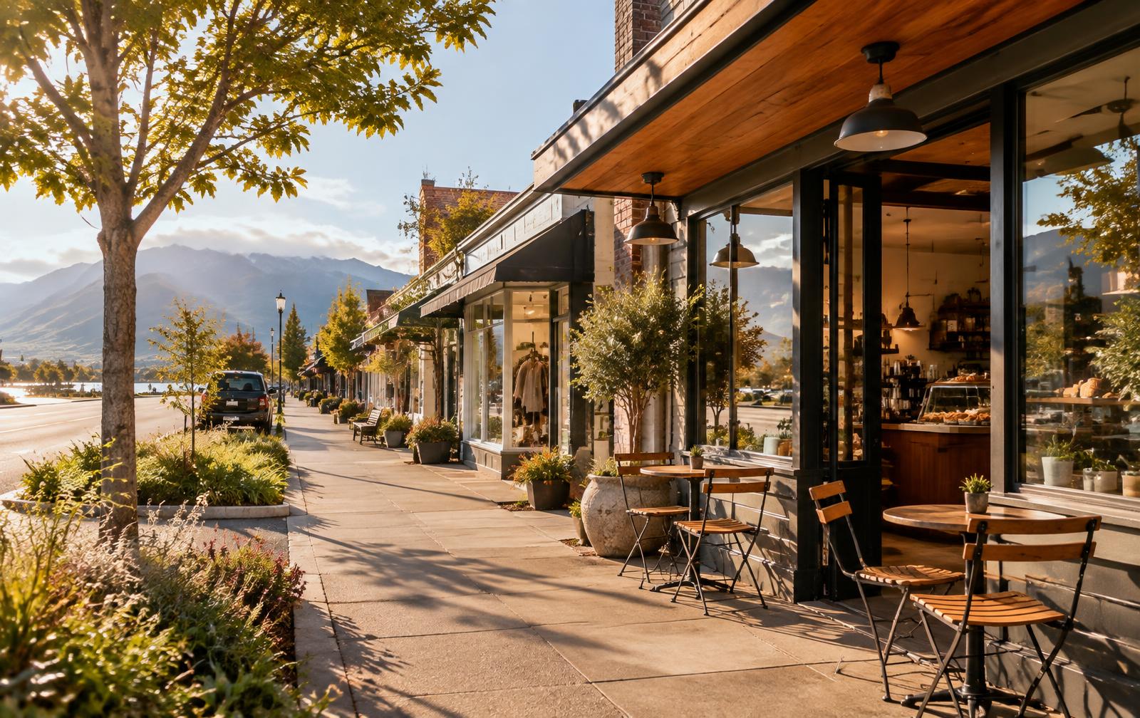 Cafes and shops along a landscaped pedestrian walkway