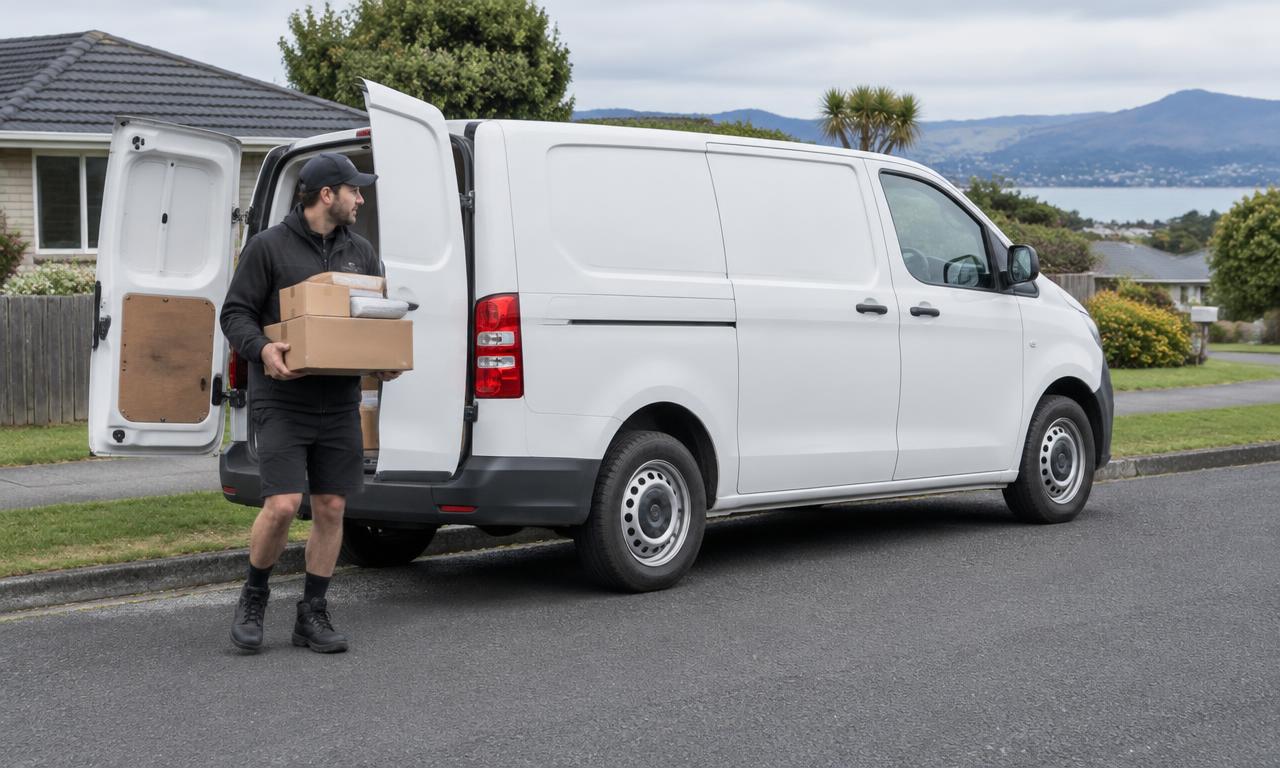 Courier carrying a parcel beside a white delivery van